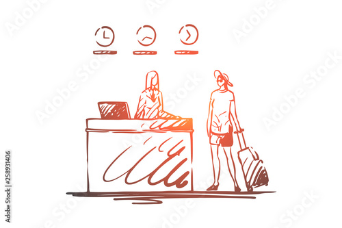Airport, travel, passenger, luggage, registration concept. Hand drawn isolated vector.