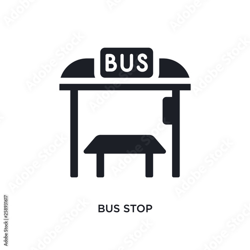 black bus stop isolated vector icon. simple element illustration from travel concept vector icons. bus stop editable logo symbol design on white background. can be use for web and mobile