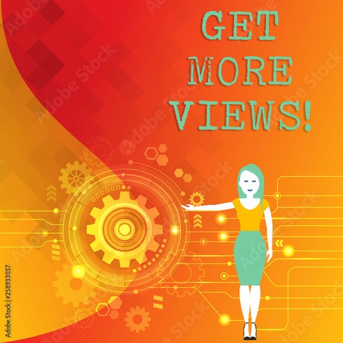 Word writing text Get More Views. Business photo showcasing Increase web traffic optimise blog strategy analyse digitally Woman Standing and Presenting the SEO Process with Cog Wheel Gear inside