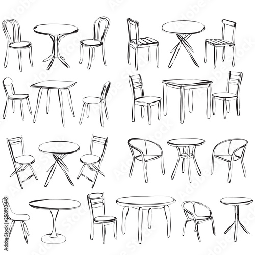 vector, isolated, contour, sketch table and chair, set