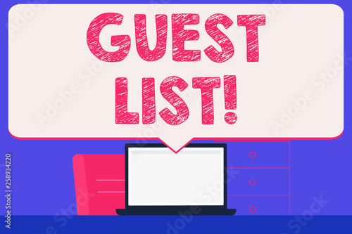 Text sign showing Guest List. Business photo showcasing showing who are to be admitted to concert or similar event Blank Huge Speech Bubble Pointing to White Laptop Screen in Workspace Idea
