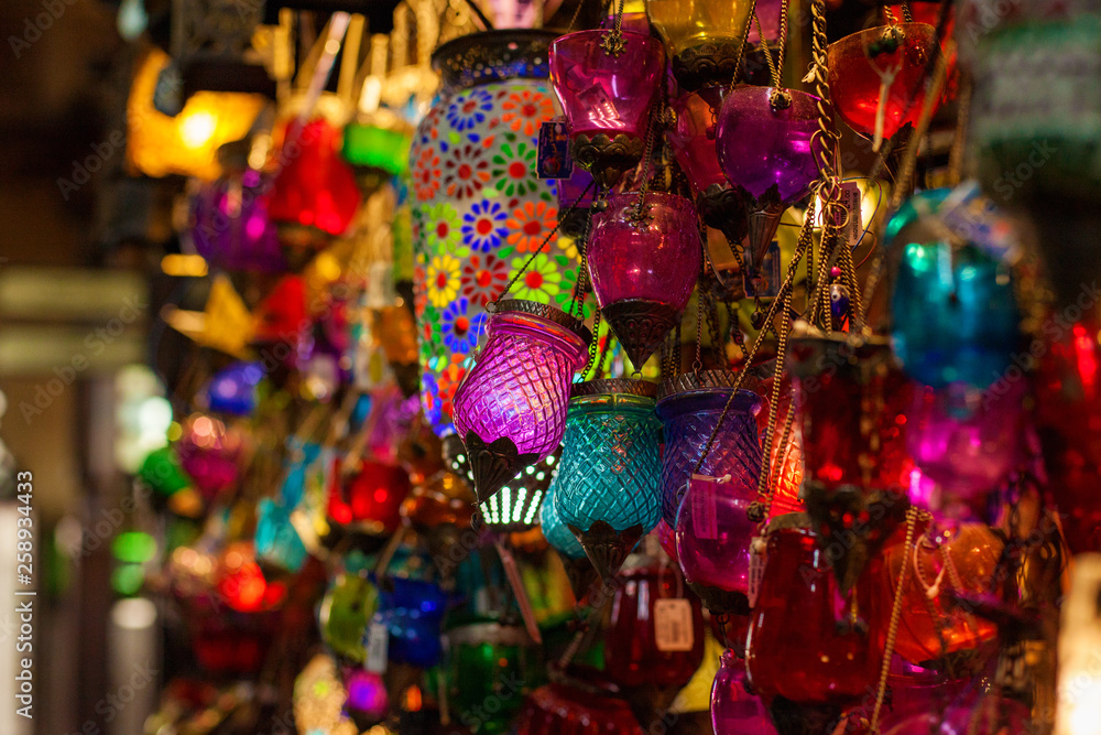 Dubai, UAE, March 2018 Background traditional Arabic lamps Souk Madinat Jumeirah