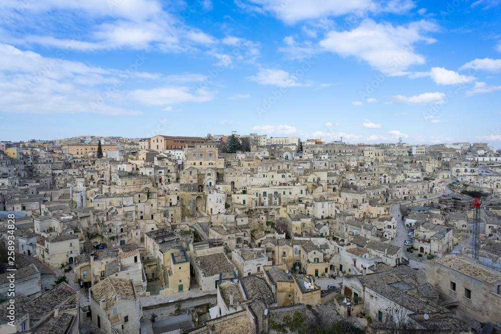Panoramic view of the Sassi of Matera, the underground city, the ancient town, Basilicata, southern Italy.