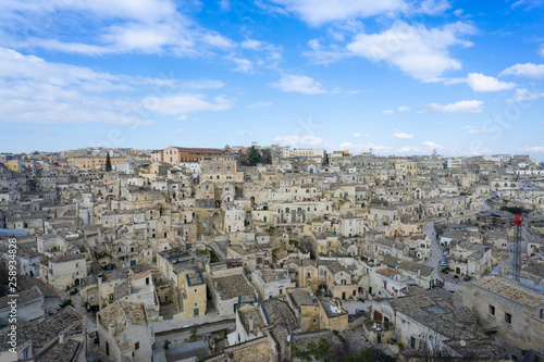 Panoramic view of the Sassi of Matera, the underground city, the ancient town, Basilicata, southern Italy.