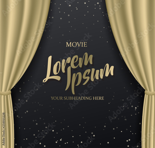 Teathre stage with golden heavy curtain and golden text with stars.