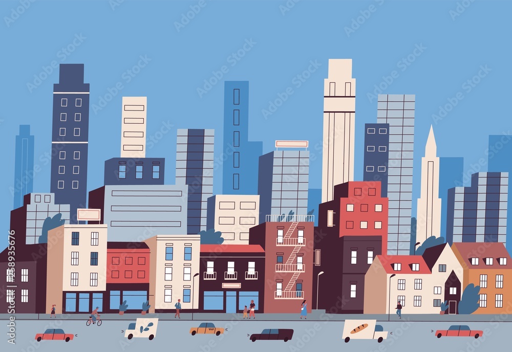 Big city life. Panoramic view of modern downtown with urban buildings, skyscrapers, transport on road and pedestrians walking along sidewalk. Colorful vector illustration in flat cartoon style.