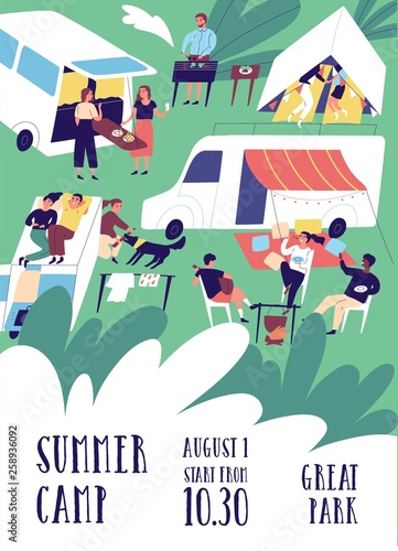 Flyer or poster template for summer camp festival with people or tourists living in tents, trailers, camper vans and RVs. Flat cartoon vector illustration for outdoor event promotion, advertisement.