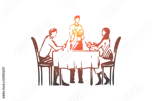 Couple, restaurant, table, waiter concept. Hand drawn isolated vector.