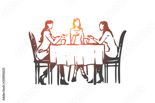 Women, restaurant, table, dishes, conversation concept. Hand drawn isolated vector.
