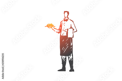 Waiter, restaurant, cafe, service, dish concept. Hand drawn isolated vector.