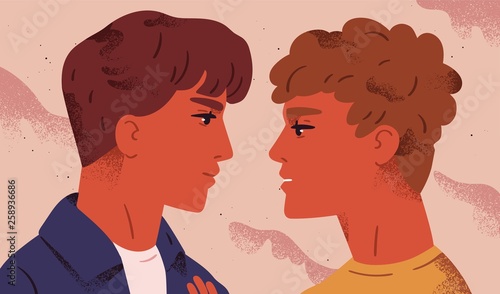 LGBT couple. Portrait of cute young men looking at each other. Pair of romantic partners on date. Homosexual relationship. Concept of love at first sight. Flat vector illustration for Valentine's Day.