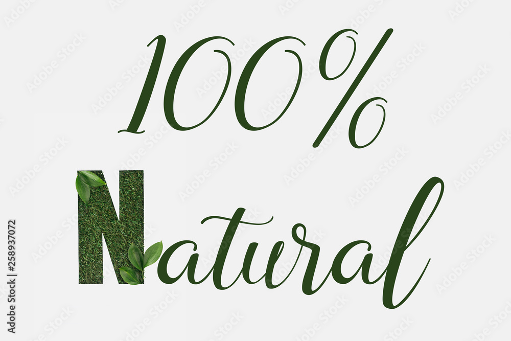 top view of 100 % natural lettering with green leaves isolated on white