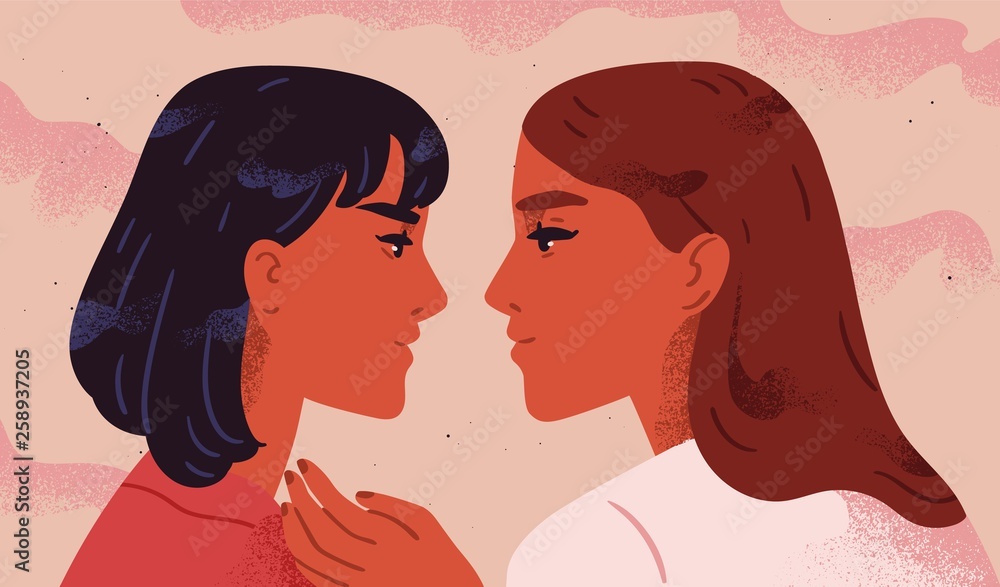 Lesbian couple. Portrait of adorable young women flirting with each other. Homosexual romantic partners on date. Concept of love, passion and homosexuality. Modern flat colorful vector illustration.