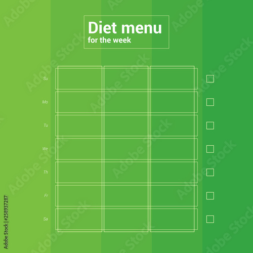 Colorful weekly calendar, meal planning menu. Breakfast lunch dinner.