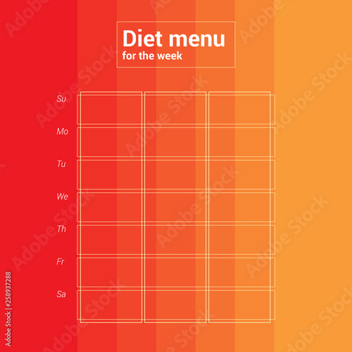 Colorful weekly calendar, meal planning menu. Breakfast lunch dinner.