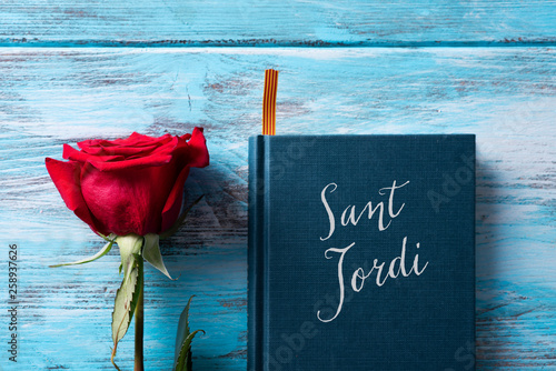 rose, catalan flag, book and text Sant Jordi.