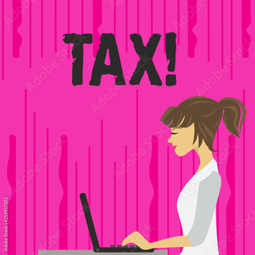 Text sign showing Tax. Business photo text Compulsory payment of taxes by showing to government increase revenue photo of Young Busy Woman Sitting Side View and Working on her Laptop