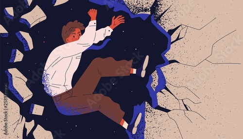 Businessman, male office worker or employee climbing up cliff and falling off. Concept of professional fiasco, career failure. Person overcoming life obstacles. Modern flat vector illustration.