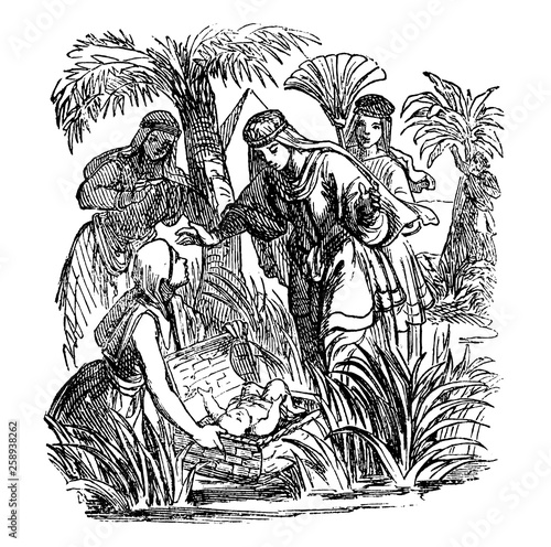 Vintage antique illustration and line drawing or engraving of biblical story about how Moses as baby was found by Egyptian princess.