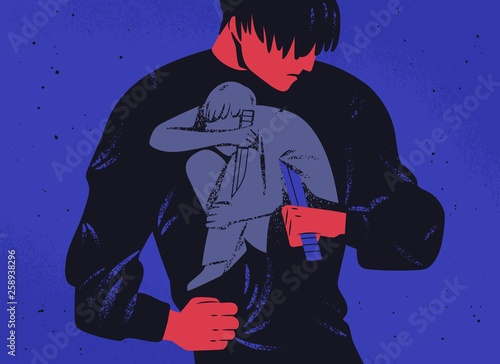 Sad man and his inner personality holding knife. Concept of internal fight, war, struggle with self, wrestle with depression. Mental breakdown, psychological problem. Modern flat vector illustration.