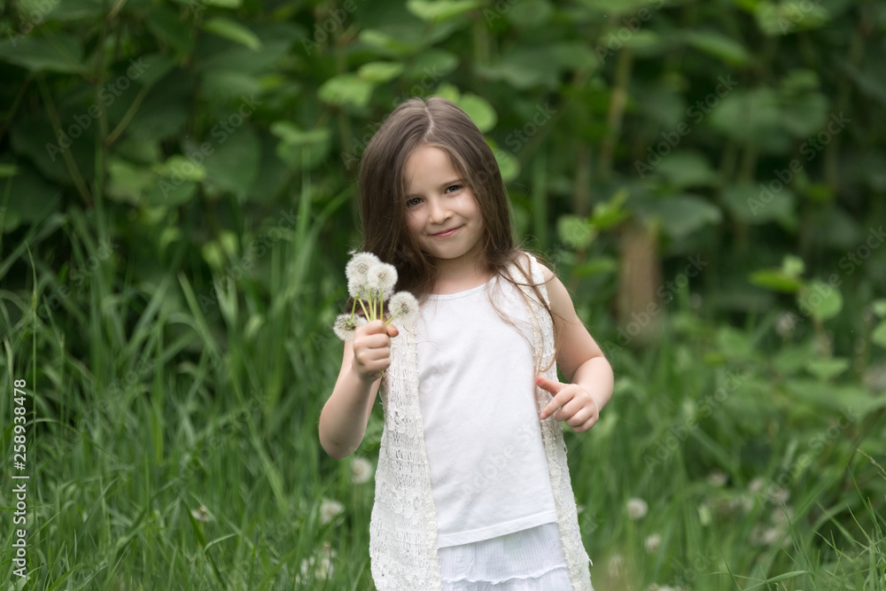 Portrait of a beautiful little girl with dandelions. Portrait of a beautiful little girl with dandelions.