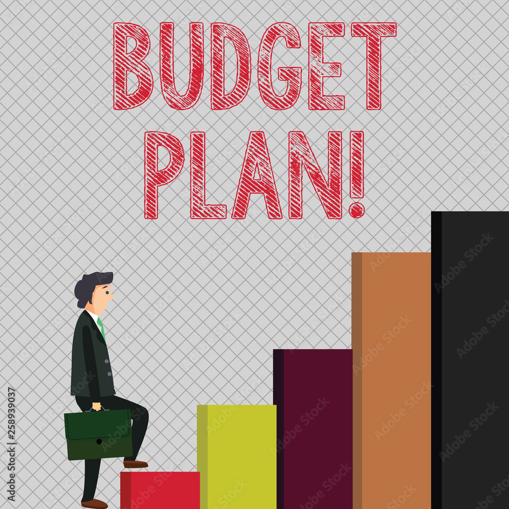 Writing note showing Budget Plan. Business concept for estimate of income and expenditure for set period of time Man Carrying a Briefcase in Pensive Expression Climbing Up Writing note showing Budget Plan. Business concept for estimate of income and expenditure for set period of time Man Carrying a Briefcase in Pensive Expression Climbing Up