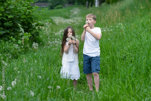 A boy with a girl playing in a field with dandelions.