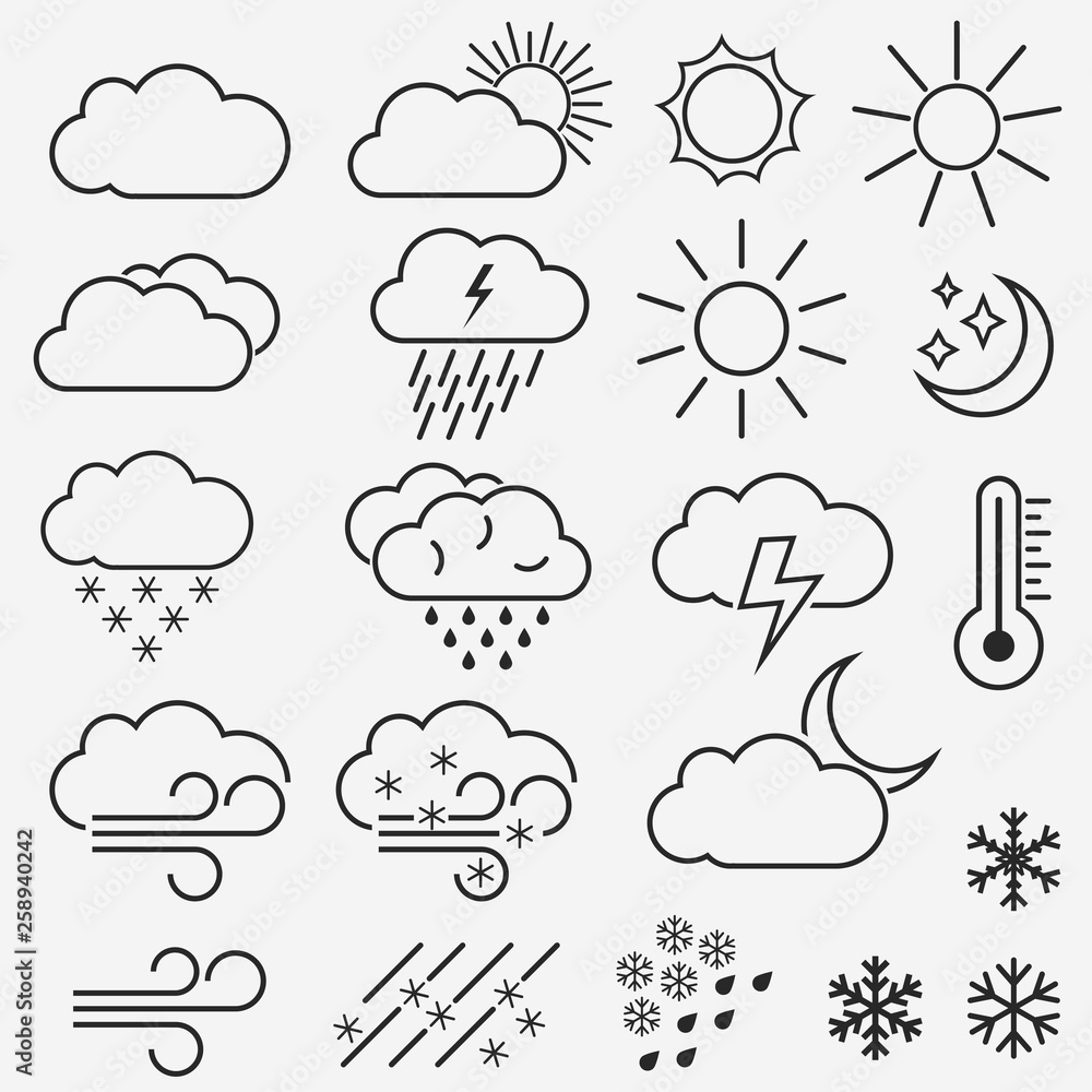 Weather vector line icons. Symbols of the sun, clouds, snowflakes and rain. Vector Weather vector line icons. Symbols of the sun, clouds, snowflakes and rain. Vector