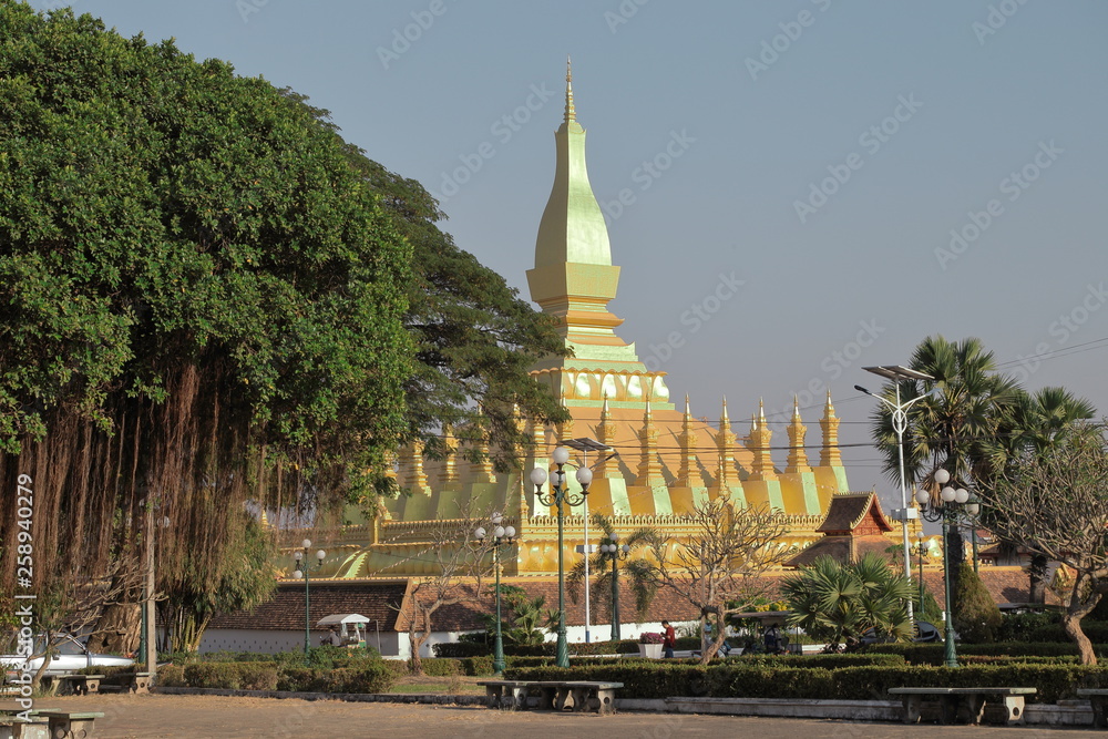 Vientiane Laos -, 1 Apr. 2019; Pha That Luang (Gold Stupa) or “Great Stupa” was built in 1566 after King Setthathirath had made Vientiane the new capital of the Lan Xang Kingdom.