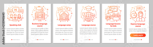 Language learning onboarding mobile app page screen vector template