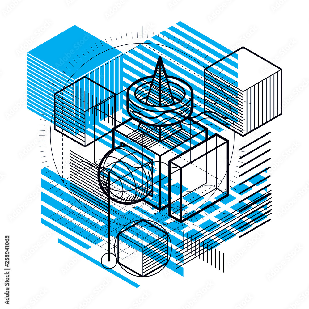Vector background with abstract isometric lines and figures. Template made with cubes, hexagons, squares, rectangles and different abstract elements.