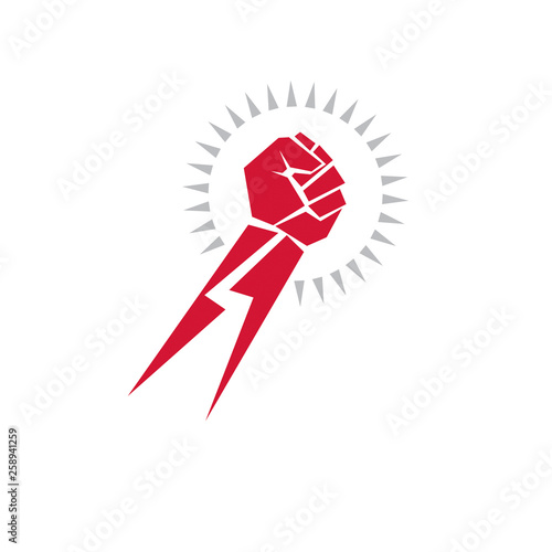 Vector illustration of clenched fist in the shape of lightning can be used as tattoo. Power and authority conceptual logo.