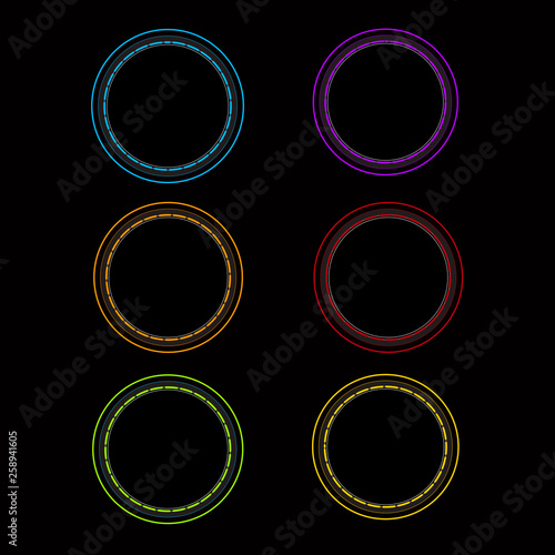 Black circle badge set of black bank with colorful frame or black label.