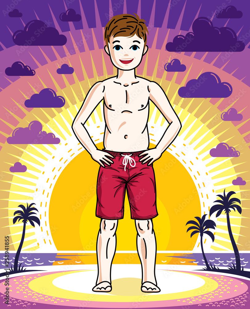 Cute happy young teen boy posing in red stylish beach shorts. Vector human illustration. Fashion and lifestyle theme cartoon.