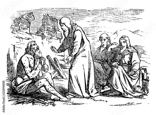 Vintage antique illustration and line drawing or engraving of biblical story of Job.From Biblische Geschichte des alten und neuen Testaments, Germany 1859.Old sick man is talking with three friends