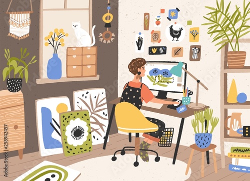 Female graphic designer, illustrator or freelance worker sitting at desk and work on computer at home. Creativity process, creative workplace. Modern vector illustration in flat cartoon style. photo