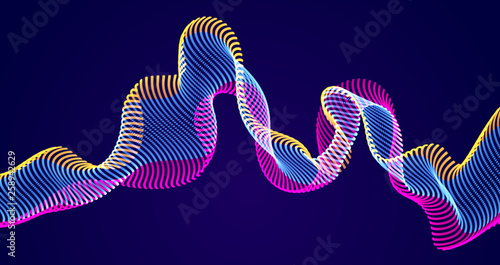 Dynamic particles sound wave flowing over dark. Dotted curves vector abstract background. Beautiful 3d wave shaped array of shining blended points.