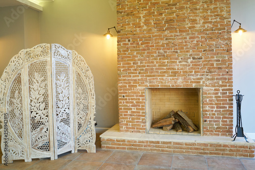 Brick fireplace background photo