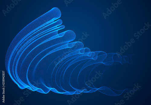 3d magic particles mesh array over dark, transparent tulle textile on wind flowing. Round points vector effect illustration. Blended mesh, 3d calming tranquil wallpaper.