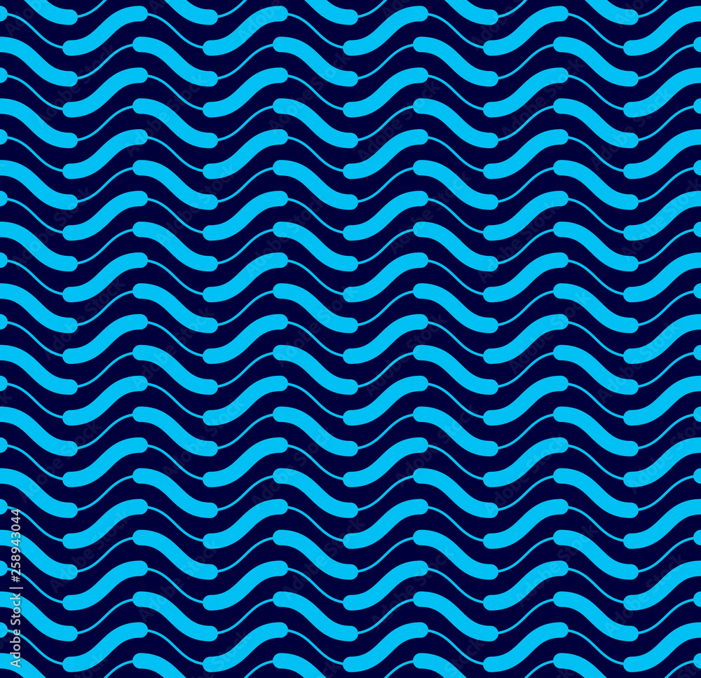 Wavy technical lines seamless pattern, vector abstract repeat endless background, blue colored rhythmic waves. Wavy technical lines seamless pattern, vector abstract repeat endless background, blue colored rhythmic waves.