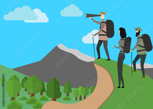 Explorer concept. Hiker in mountains. landscape Vector illustration. Eps