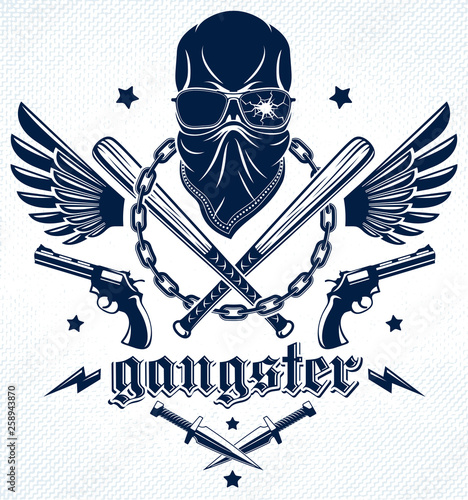 Brutal gangster emblem or logo with aggressive skull baseball bats and other weapons and design elements, vector anarchy crime or terrorism retro style, ghetto revolutionary.
