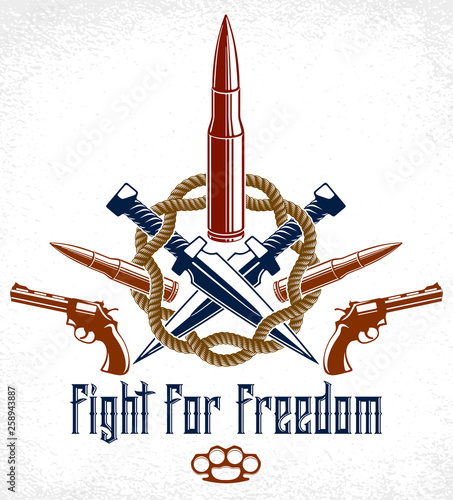 Revolution and War vector emblem with bullets and guns, logo or tattoo with lots of different design elements, riot partisan warrior, criminal and anarchist style, social tension theme.