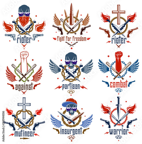 Revolution and Riot aggressive emblem or logo with strong clenched fist, aggressive skull, bullets and guns, weapons and different design elements , vector tattoo, rebel and revolutionary.