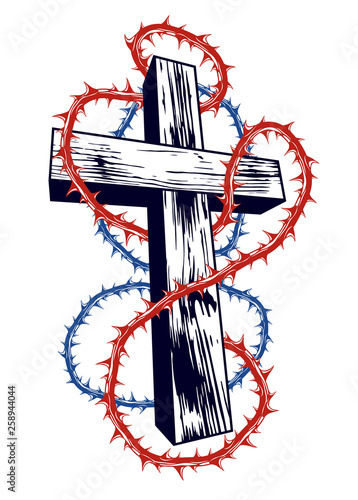 Christian cross with blackthorn thorn vector religion logo or tattoo, passion of the Christ.