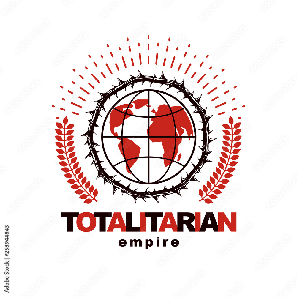 Vector emblem composed using Earth globe surrounded with crown of thorns and decorated using laurel wreath. Proletarian revolution abstract symbol, socialism concept. Vector emblem composed using Earth globe surrounded with crown of thorns and decorated using laurel wreath. Proletarian revolution abstract symbol, socialism concept.