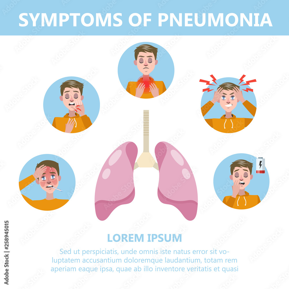 Pneumonia symptoms infographic illustration. Cough and pain