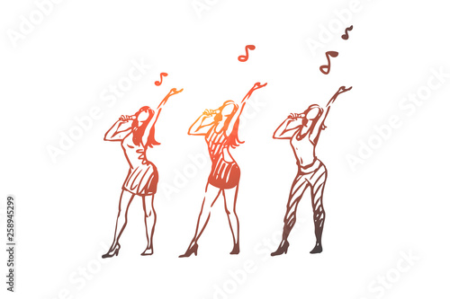 Music, dance, woman, singer, performance concept. Hand drawn isolated vector.