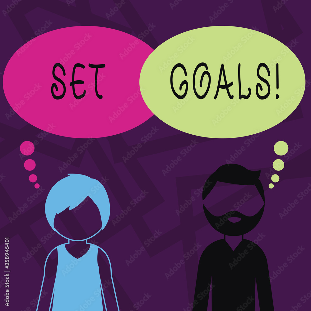 Text sign showing Set Goals. Business photo showcasing process of identifying something that you want to accomplish Bearded Man and Woman Faceless Profile with Blank Colorful Thought Bubble Text sign showing Set Goals. Business photo showcasing process of identifying something that you want to accomplish Bearded Man and Woman Faceless Profile with Blank Colorful Thought Bubble
