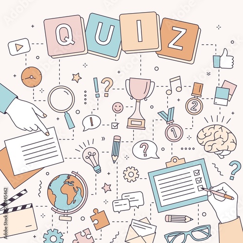 Square banner template with hands of people solving puzzles and brain teasers, answering quiz questions, taking part in logic competition